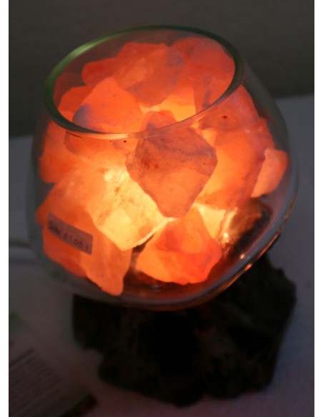 Lampada di sale UNICA VOGANTO creata in vetro soffiato su legno naturale salgemma Himalaya cm 16x18x19h n.12314
