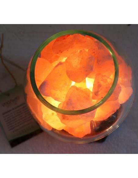 Lampada di sale UNICA VOGANTO creata in vetro soffiato su legno naturale salgemma Himalaya cm 16x18x19h n.12314
