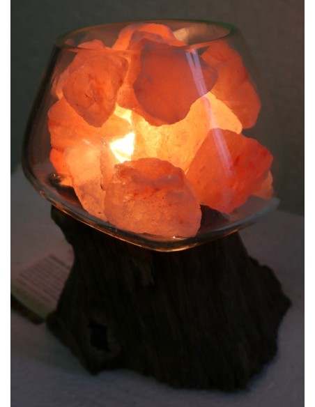 Lampada di sale UNICA VOGANTO creata in vetro soffiato su legno naturale salgemma Himalaya cm 16x18x19h n.12314