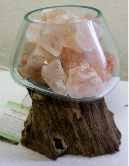Lampada di sale UNICA VOGANTO creata in vetro soffiato su legno naturale salgemma Himalaya cm 16x18x19h n.12314