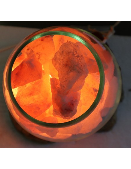 Lampada di sale UNICA VOGANTO creata in vetro soffiato su legno naturale salgemma Himalaya cm 18x17x20h n.15029