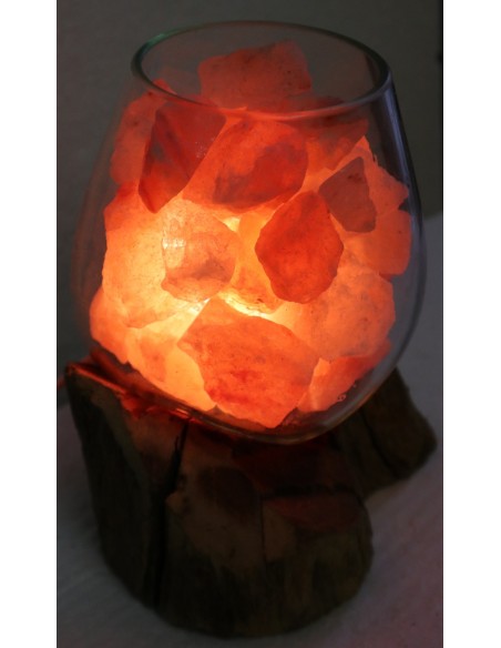 Lampada di sale UNICA VOGANTO creata in vetro soffiato su legno naturale salgemma Himalaya cm 18x17x20h n.15029
