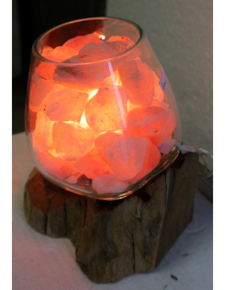 Lampada di sale UNICA VOGANTO creata in vetro soffiato su legno naturale salgemma Himalaya cm 18x17x20h n.15029