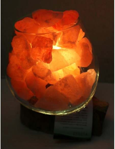 Lampada di sale UNICA VOGANTO creata in vetro soffiato su legno naturale salgemma Himalaya cm 18x16x19h n.15016