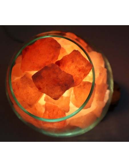 Lampada di sale UNICA VOGANTO creata in vetro soffiato su legno naturale salgemma Himalaya cm 18x16x19h n.15016