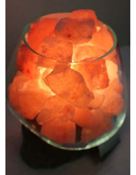 Lampada di sale UNICA VOGANTO creata in vetro soffiato su legno naturale salgemma Himalaya cm 18x16x19h n.15016