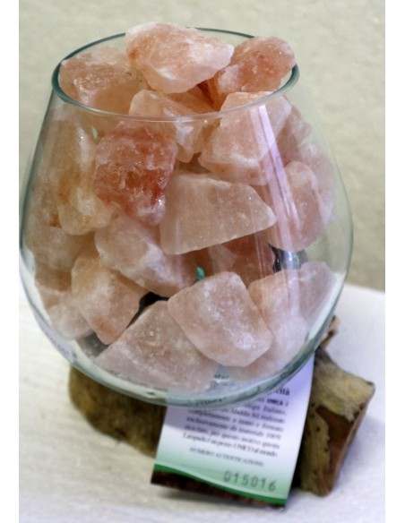 Lampada di sale UNICA VOGANTO creata in vetro soffiato su legno naturale salgemma Himalaya cm 18x16x19h n.15016