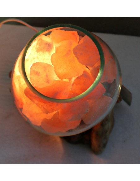 Lampada di sale UNICA VOGANTO creata in vetro soffiato su legno naturale salgemma Himalaya cm15x16x21 n.15023