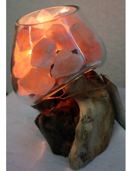 Lampada di sale UNICA VOGANTO creata in vetro soffiato su legno naturale salgemma Himalaya cm15x16x21 n.15023