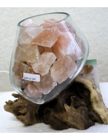 Lampada di sale UNICA VOGANTO creata in vetro soffiato su legno naturale salgemma Himalaya cm15x16x21 n.15023