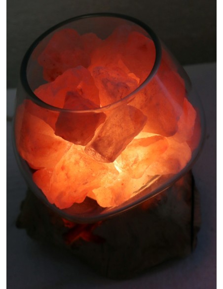 Lampada di sale UNICA VOGANTO creata in vetro soffiato su legno naturale salgemma Himalaya cm18x15x20 n.14708