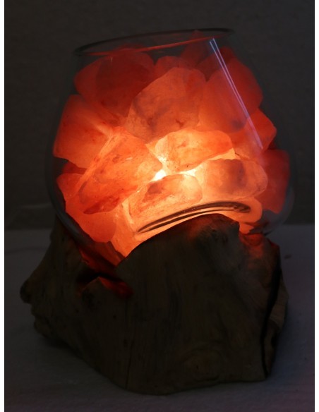 Lampada di sale UNICA VOGANTO creata in vetro soffiato su legno naturale salgemma Himalaya cm18x15x20 n.14708