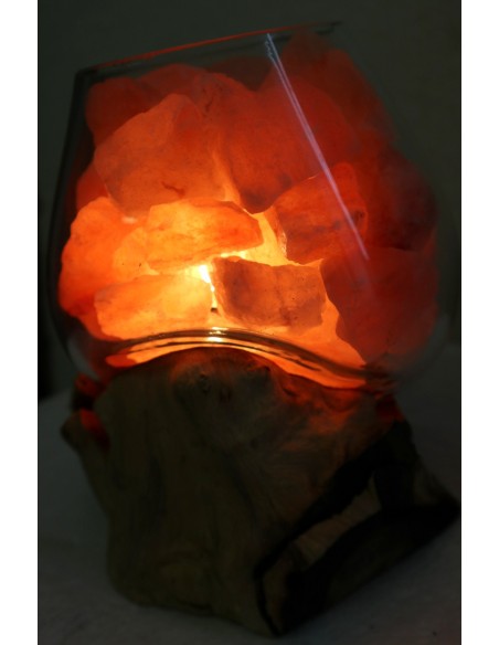 Lampada di sale UNICA VOGANTO creata in vetro soffiato su legno naturale salgemma Himalaya cm18x15x20 n.14708