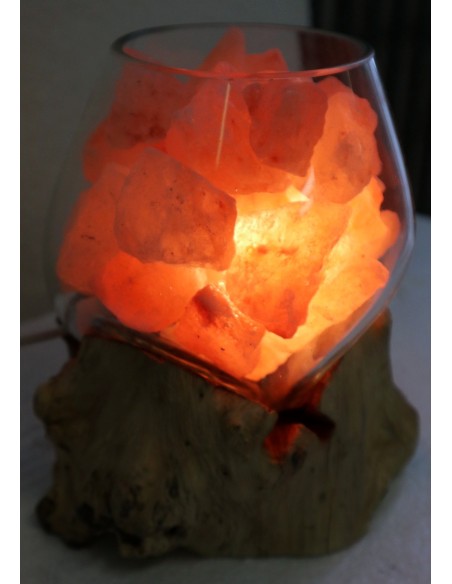 Lampada di sale UNICA VOGANTO creata in vetro soffiato su legno naturale salgemma Himalaya cm18x15x20 n.14708