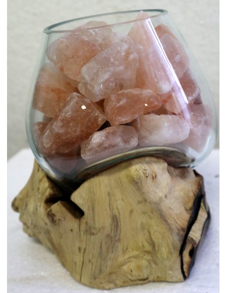 Lampada di sale UNICA VOGANTO creata in vetro soffiato su legno naturale salgemma Himalaya cm18x15x20 n.14708