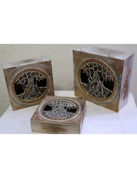 Tris di Portagioie o svuota tasche in legno mdf traforata con inciso albero della vita e Buddha