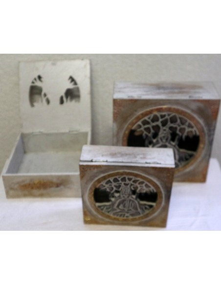Tris di Portagioie o svuota tasche in legno mdf traforata con inciso albero della vita e Buddha