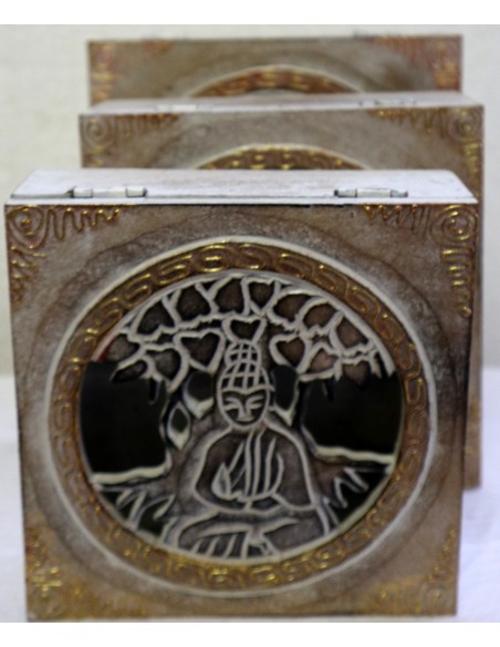Tris di Portagioie o svuota tasche in legno mdf traforata con inciso albero della vita e Buddha