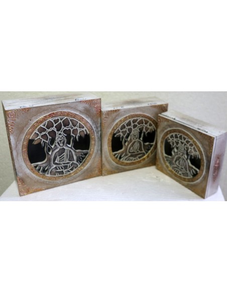 Tris di Portagioie o svuota tasche in legno mdf traforata con inciso albero della vita e Buddha