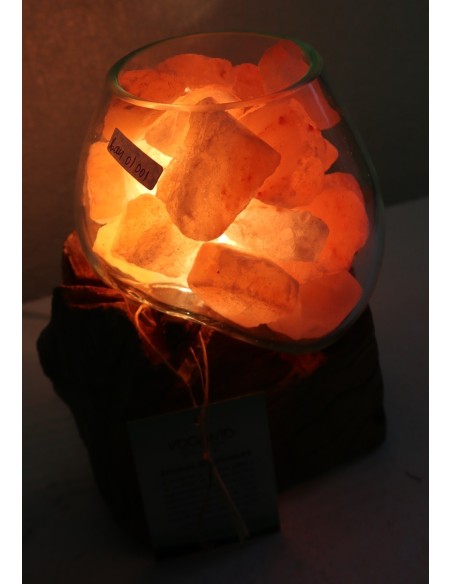 Lampada di sale UNICA VOGANTO creata in vetro soffiato su legno naturale salgemma Himalaya cm15x13x21 n.15013