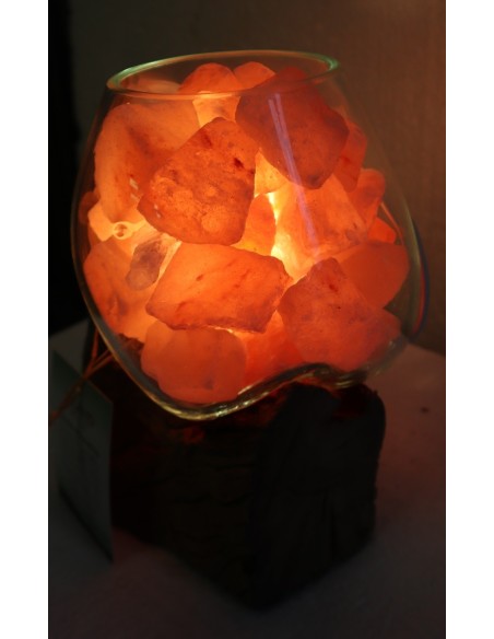 Lampada di sale UNICA VOGANTO creata in vetro soffiato su legno naturale salgemma Himalaya cm15x13x21 n.15013
