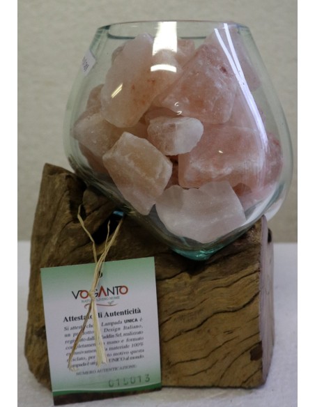 Lampada di sale UNICA VOGANTO creata in vetro soffiato su legno naturale salgemma Himalaya cm15x13x21 n.15013