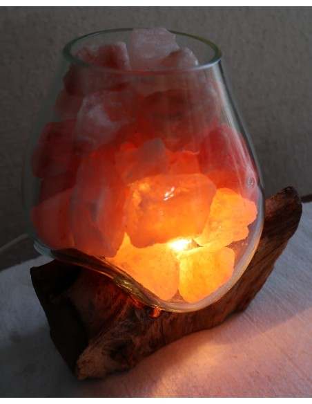 Lampada di sale UNICA VOGANTO creata in vetro soffiato su legno naturale salgemma Himalaya cm 12x15x22 n.14596