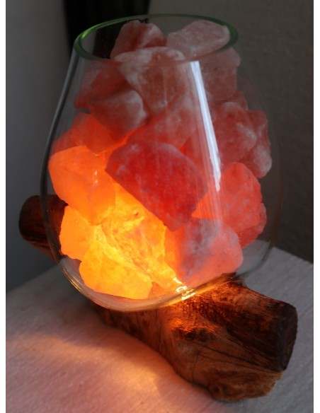 Lampada di sale UNICA VOGANTO creata in vetro soffiato su legno naturale salgemma Himalaya cm 12x15x22 n.14596