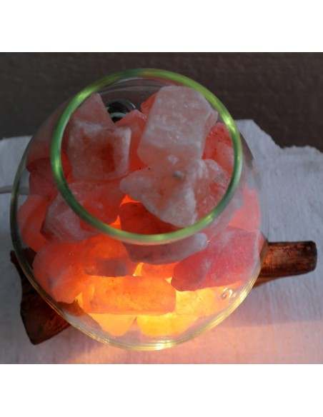 Lampada di sale UNICA VOGANTO creata in vetro soffiato su legno naturale salgemma Himalaya cm 12x15x22 n.14596