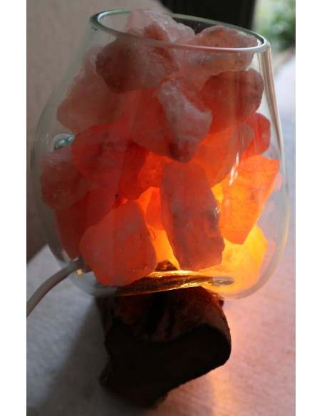 Lampada di sale UNICA VOGANTO creata in vetro soffiato su legno naturale salgemma Himalaya cm 12x15x22 n.14596