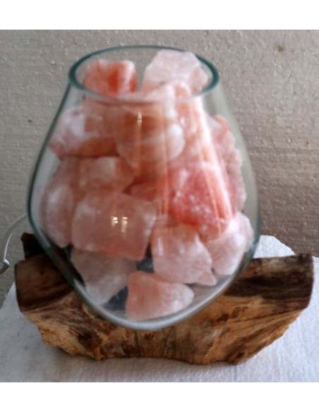 Lampada di sale UNICA VOGANTO creata in vetro soffiato su legno naturale salgemma Himalaya cm 12x15x22 n.14596