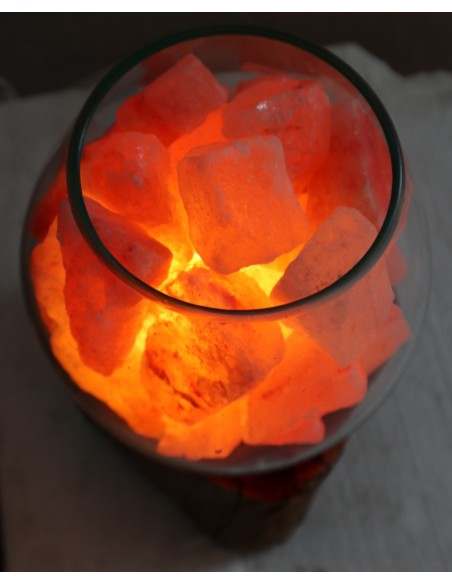 Lampada di sale UNICA VOGANTO creata in vetro soffiato su legno naturale salgemma Himalaya cm 20x16x19 n.15048