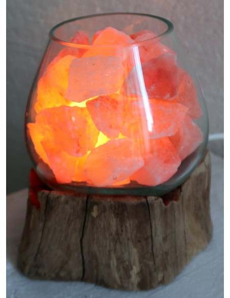 Lampada di sale UNICA VOGANTO creata in vetro soffiato su legno naturale salgemma Himalaya cm 20x16x19 n.15048