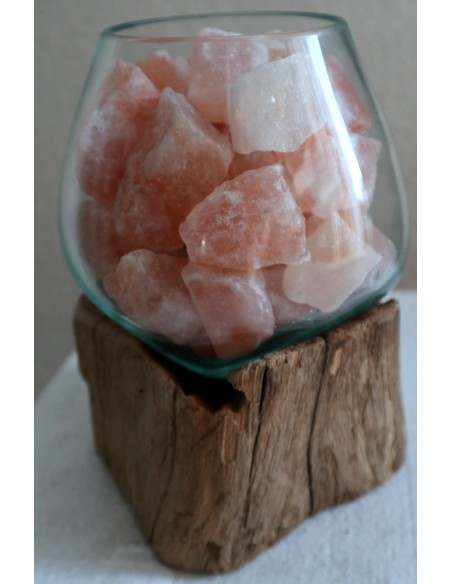Lampada di sale UNICA VOGANTO creata in vetro soffiato su legno naturale salgemma Himalaya cm 20x16x19 n.15048