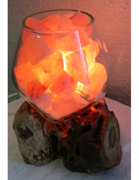 Lampada di sale UNICA VOGANTO creata in vetro soffiato su legno naturale salgemma Himalaya cm 16x17x20 n.15025