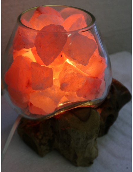 Lampada di sale UNICA VOGANTO creata in vetro soffiato su legno naturale salgemma Himalaya cm 16x17x20 n.15025