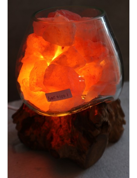 Lampada di sale UNICA VOGANTO creata in vetro soffiato su legno naturale salgemma Himalaya cm 17x14x20 n.15041