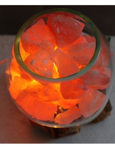 Lampada di sale UNICA VOGANTO creata in vetro soffiato su legno naturale salgemma Himalaya cm 17x14x20 n.15041