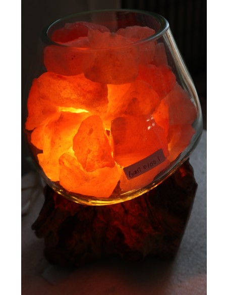Lampada di sale UNICA VOGANTO creata in vetro soffiato su legno naturale salgemma Himalaya cm 17x14x20 n.15041