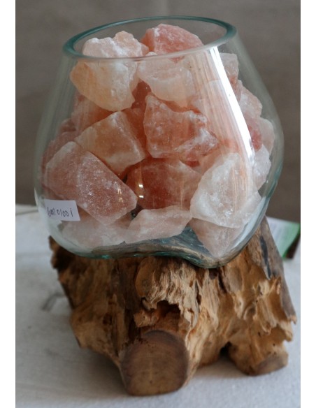 Lampada di sale UNICA VOGANTO creata in vetro soffiato su legno naturale salgemma Himalaya cm 17x14x20 n.15041