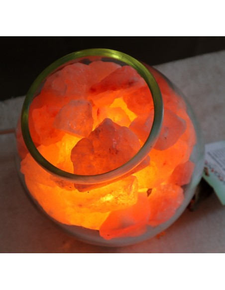 Lampada di sale UNICA VOGANTO creata in vetro soffiato su legno naturale salgemma Himalaya cm 19x15x18 n 15046