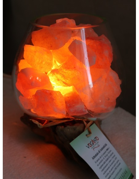 Lampada di sale UNICA VOGANTO creata in vetro soffiato su legno naturale salgemma Himalaya cm 19x15x18 n 15046