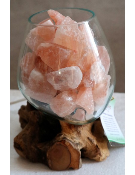 Lampada di sale UNICA VOGANTO creata in vetro soffiato su legno naturale salgemma Himalaya cm 20x13x20 n. 14585