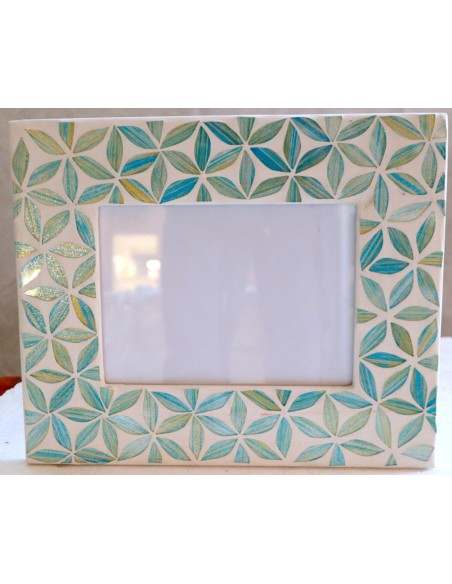 Porta foto cornice celeste a bianca a fiori in mosaico di vetro colorato cm 30x25