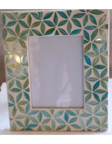 Porta foto cornice celeste a bianca a fiori in mosaico di vetro colorato cm 30x25