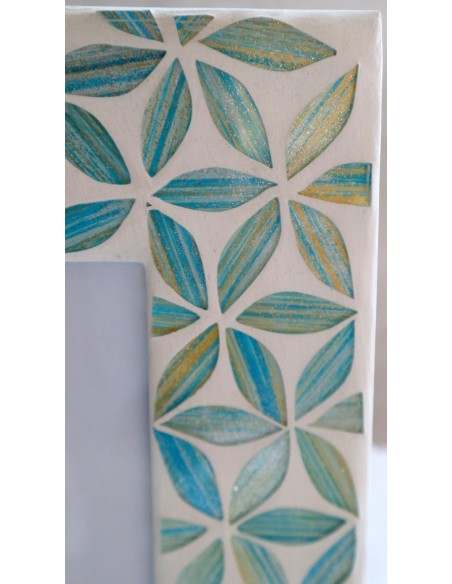 Porta foto cornice celeste a bianca a fiori in mosaico di vetro colorato cm 30x25