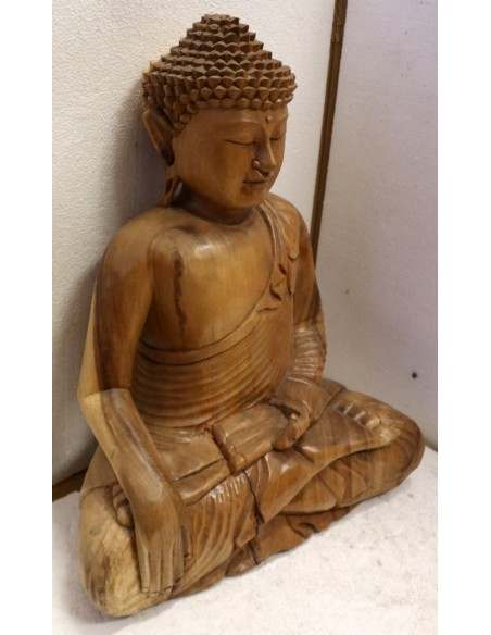 Buddha scultura il legno massello noce indiano o suar cm 38x20x50h mani unite color legno naturale statua OFFERTA