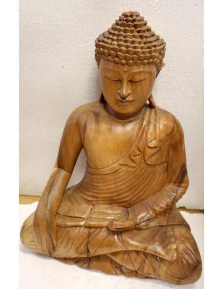 Buddha scultura il legno massello noce indiano o suar cm 38x20x50h mani unite color legno naturale statua OFFERTA