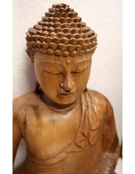 Buddha scultura il legno massello noce indiano o suar cm 38x20x50h mani unite color legno naturale statua OFFERTA