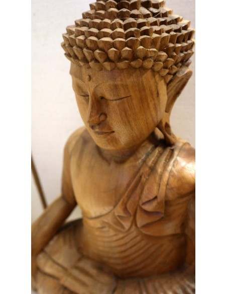 Buddha scultura il legno massello noce indiano o suar cm 38x20x50h mani unite color legno naturale statua OFFERTA
